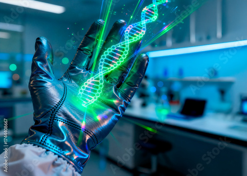 detalhe de mão com cromossomos e dna projetado com hologramas em laboratório do futuro
