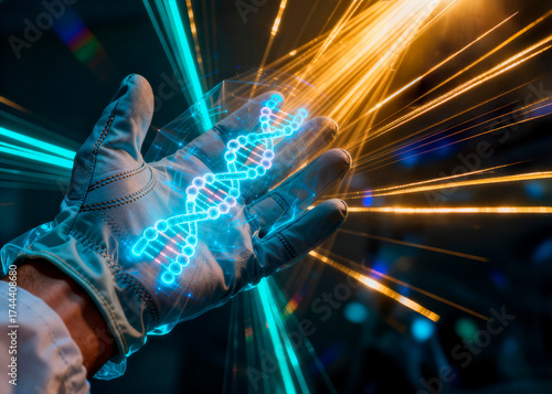detalhe de mão com cromossomos e dna projetado com hologramas em laboratório do futuro
