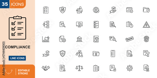 Collection of 35 line icons representing compliance and legal concepts line art checklist