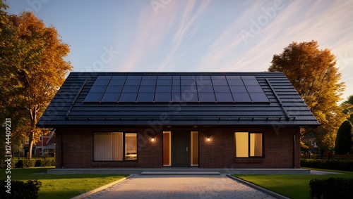 Modern house with solar panels on roof at sunset