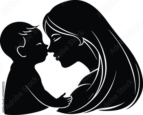 Mother Kissing Newborn Silhouette | Family Affection Vector Illustration