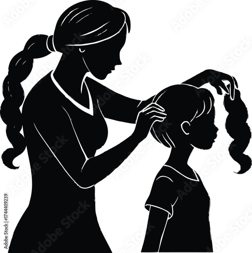 Mom Braiding Daughter S Hair Silhouette | Family Love Vector Design