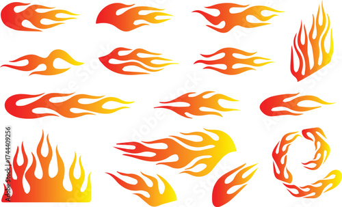 Fire flames collection isolated on black background, movement of fire flames