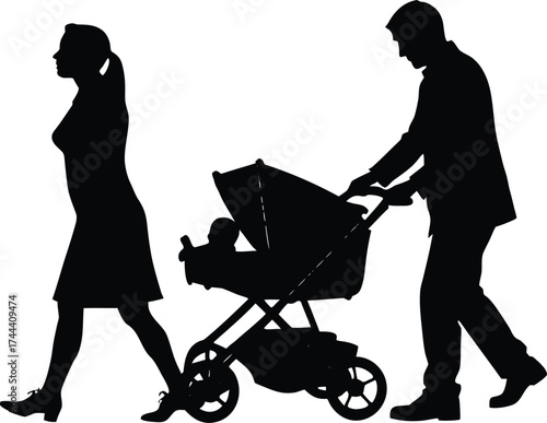 Parents Pushing Stroller Silhouette | Family Walk Vector Illustration