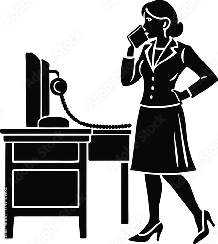 Secretary Answering Phone Silhouette | Office Admin Vector Illustration