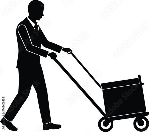 Staff Pulling Office Trolley Silhouette | Workplace Task Vector Illustration