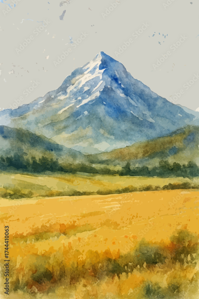 Fototapeta premium Field and mountain watercolor landscape⁠ 