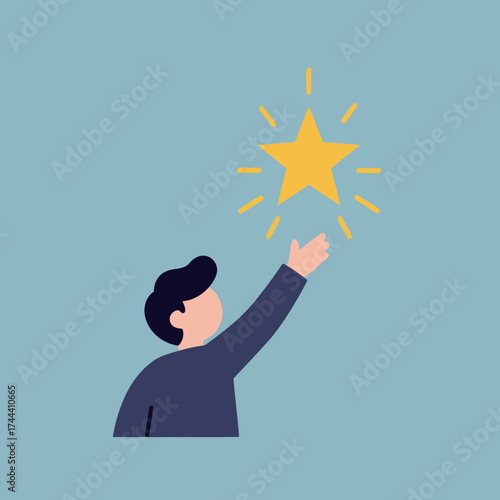 Flat Design Vector Illustration of a Person Reaching for a Bright Golden Star Against a Blue Background