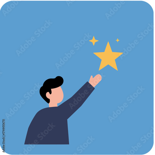 Minimalist Flat Design Vector Illustration of a Man Reaching for Golden Stars, Symbolizing Aspiration and Achievement