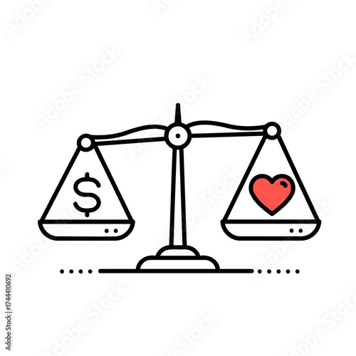 Minimalist Line Art Vector Illustration: Balance Scale with Dollar Sign and Red Heart Symbolizing Money and Love in Equilibrium