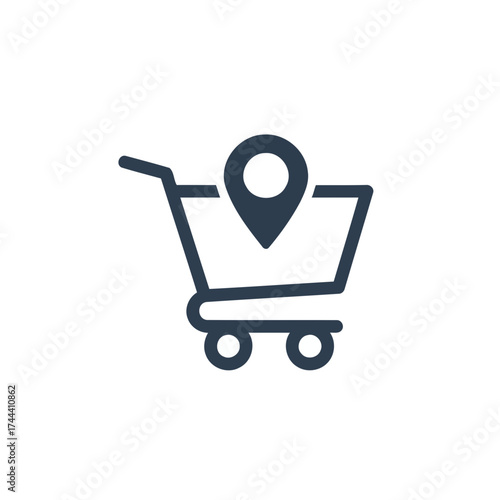 Modern Flat Line Vector Illustration: E-commerce Shopping Cart with Geolocation Pin Icon