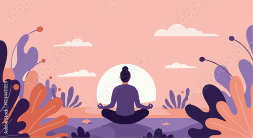 Minimalist Flat Vector of Woman Meditating in Lotus Pose in Pastel Nature Landscape at Sunset