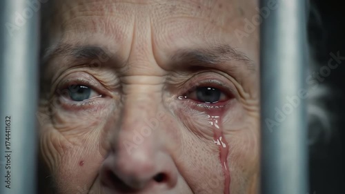 Emotional cinematic close up of a sad elderly woman crying a blood tear behind prison bars
