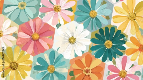 Wallpaper Mural A vibrant pattern showcases an array of flowers in shades of pink yellow teal and white. The lively design creates a cheerful and inviting atmosphere for any space. Torontodigital.ca