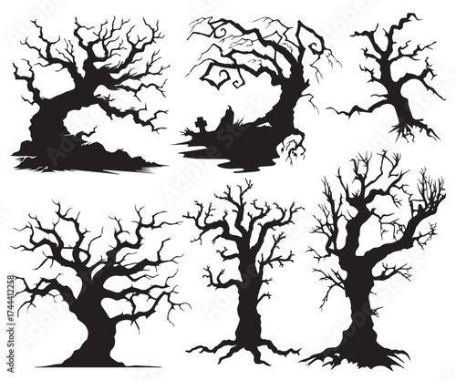 Dry naked trees silhouettes set. Black trees silhouette Halloween tree silhouette Ghost tree with scary face for Halloween card decoration. Hand drawn isolated illustrations