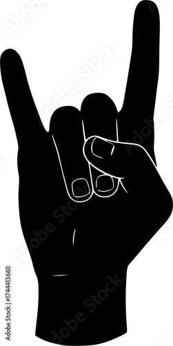 A black and white illustration of a hand making the rock and roll sign on a white background space around it
