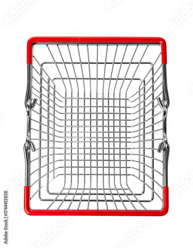 Overhead shot of a rectangular, metal shopping basket with a red rim and attached handles