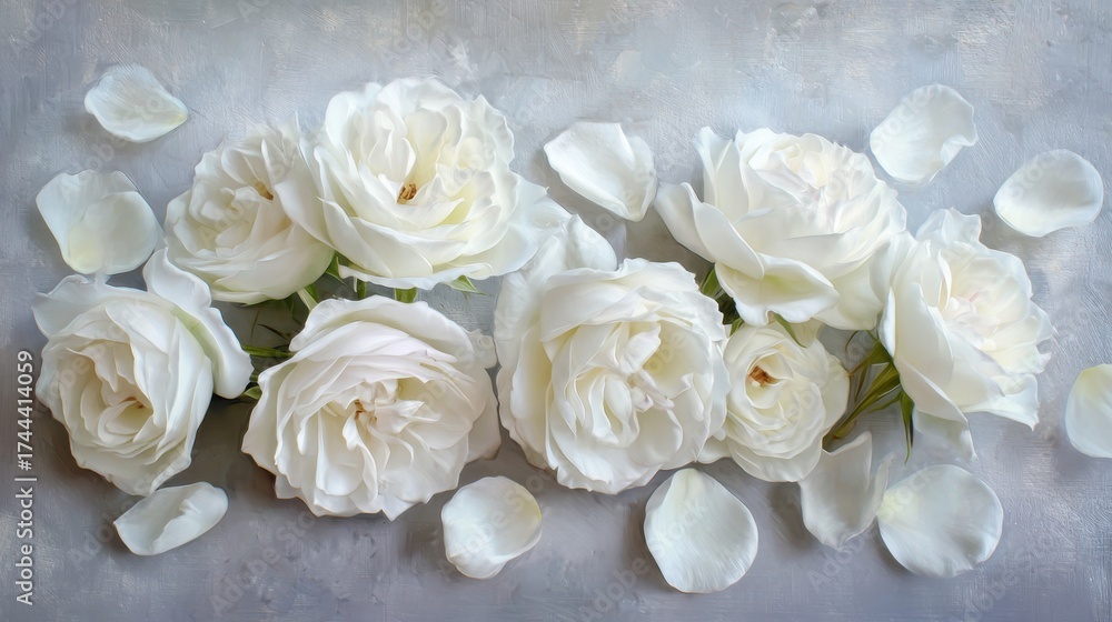 Obraz premium Soft white roses are elegantly arranged with scattered petals against a gentle gray backdrop creating a serene and calming atmosphere.