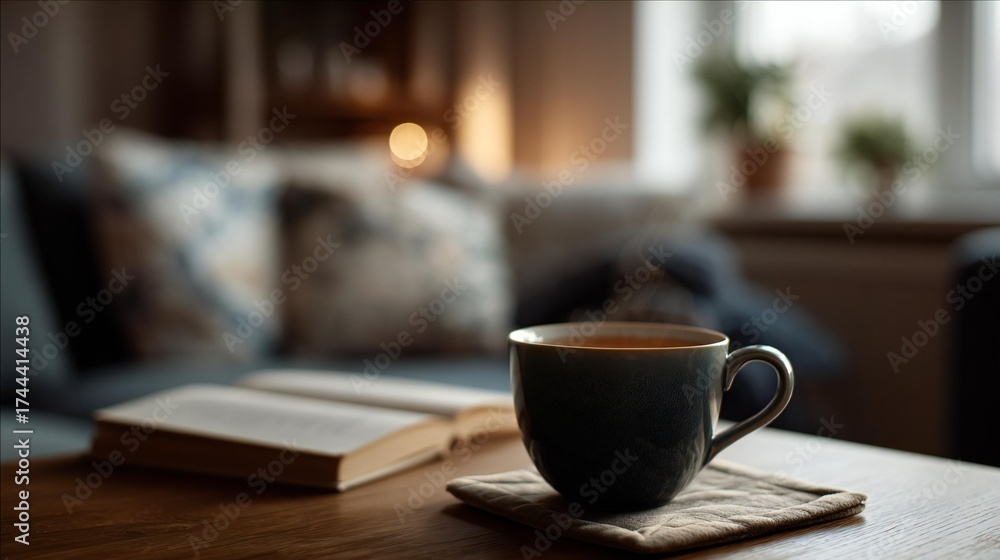 Obraz premium Warm cup of coffee on a wooden table beside an open book, with a cozy living room setting featuring soft cushions and natural light creating a serene atmosphere