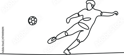 Single one line drawing football player kicking ball. Special uniform on joiner flat style. Footballer score goal. Soccer sport and team game concept. Continuous line draw design vector illustration
