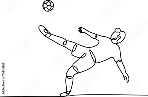 Single one line drawing football player kicking ball. Special uniform on joiner flat style. Footballer score goal. Soccer sport and team game concept. Continuous line draw design vector illustration