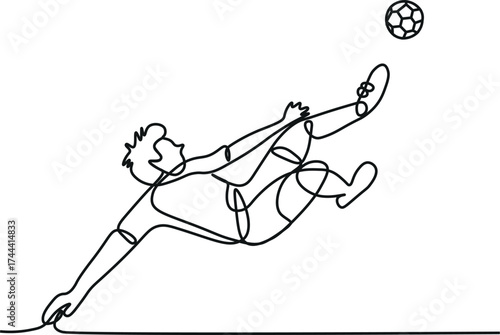 Single one line drawing football player kicking ball. Special uniform on joiner flat style. Footballer score goal. Soccer sport and team game concept. Continuous line draw design vector illustration