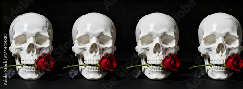Elegant white skulls holding red roses in their teeth on black background, luxury gothic art concept for dark romance and Halloween design
