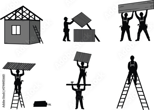 Construction workers lifting metal sheets, teamwork on ladders, roofing installation, building structure, black and white illustration, industrial labor scene