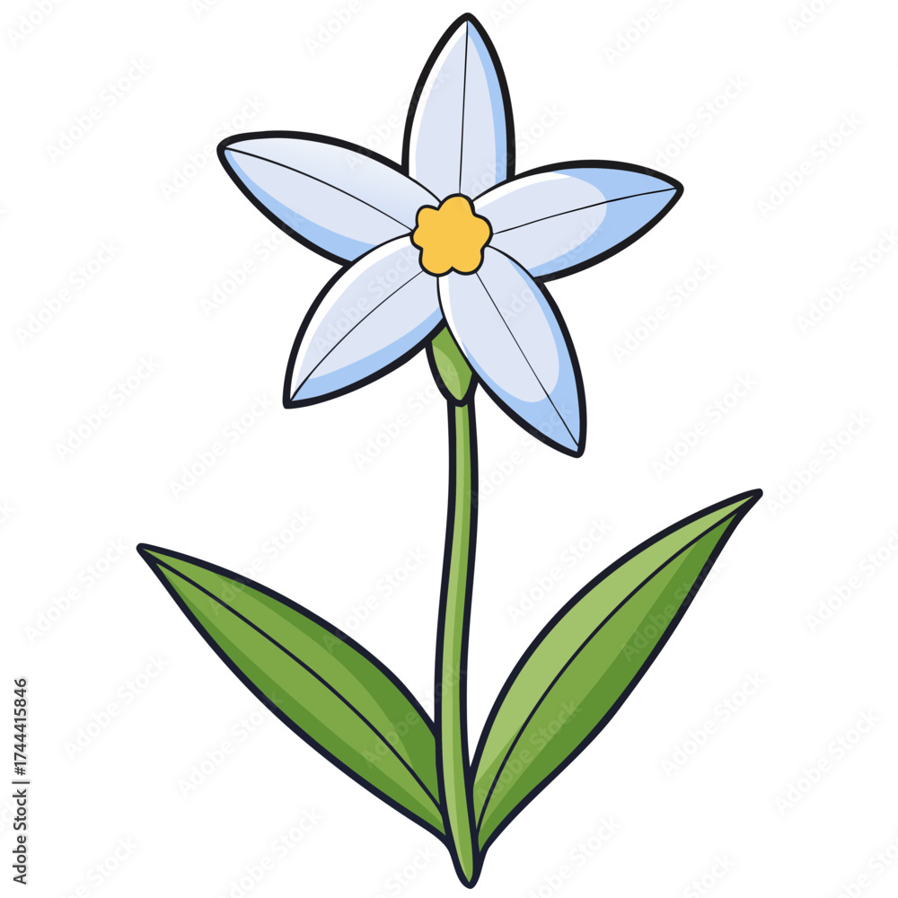 Naklejka premium Illustration of a white flower with five petals and yellow center on a green stem and leaves