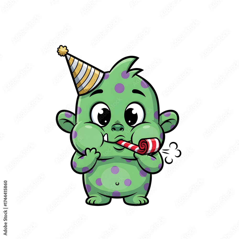 Naklejka premium An animated green character with purple dots wears a party hat and holds a whistle. The cartoonish illustration has a transparent background, perfect for diverse applications.