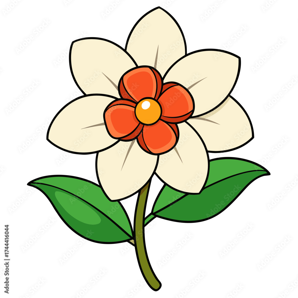 Fototapeta premium Illustration of a white flower with orange center and green leaves for botanical designs
