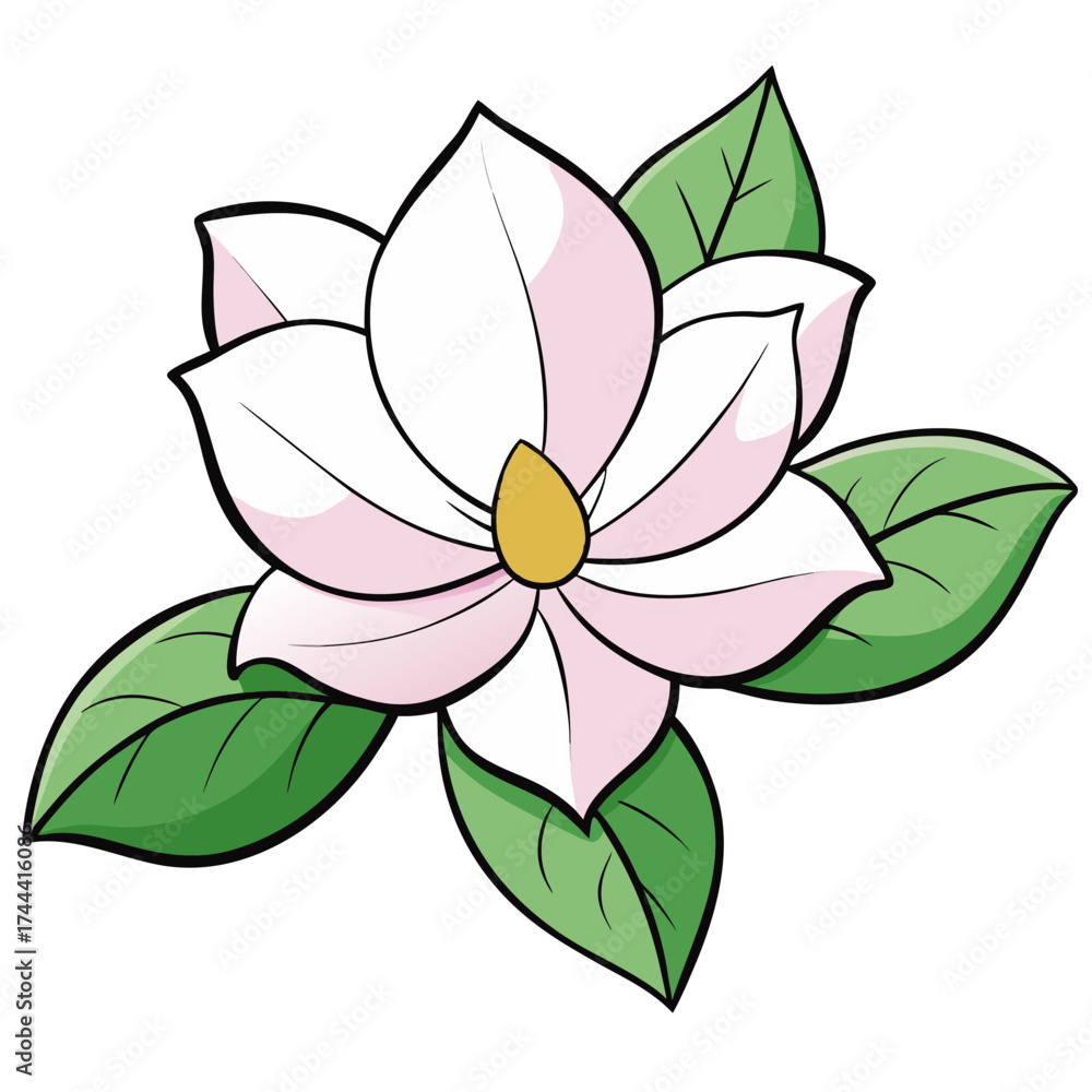 Fototapeta premium Illustration of a beautiful magnolia flower with green leaves for botanical art projects and design