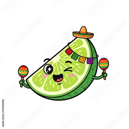 A cheerful animated lime slice wearing a sombrero and holding maracas on a transparent background. The vibrant illustration captures a festive, pixelated style.
