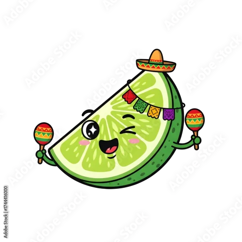 Fototapeta samoprzylepna A cheerful animated lime slice wearing a sombrero and holding maracas on a transparent background. The vibrant illustration captures a festive, pixelated style.