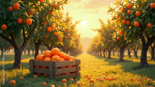 Orange harvest with basket full of ripe oranges in sunny orchard. Orange trees line the path, heavy with fruit, creating a picturesque scene. Concept of orange harvest for agriculture themes.