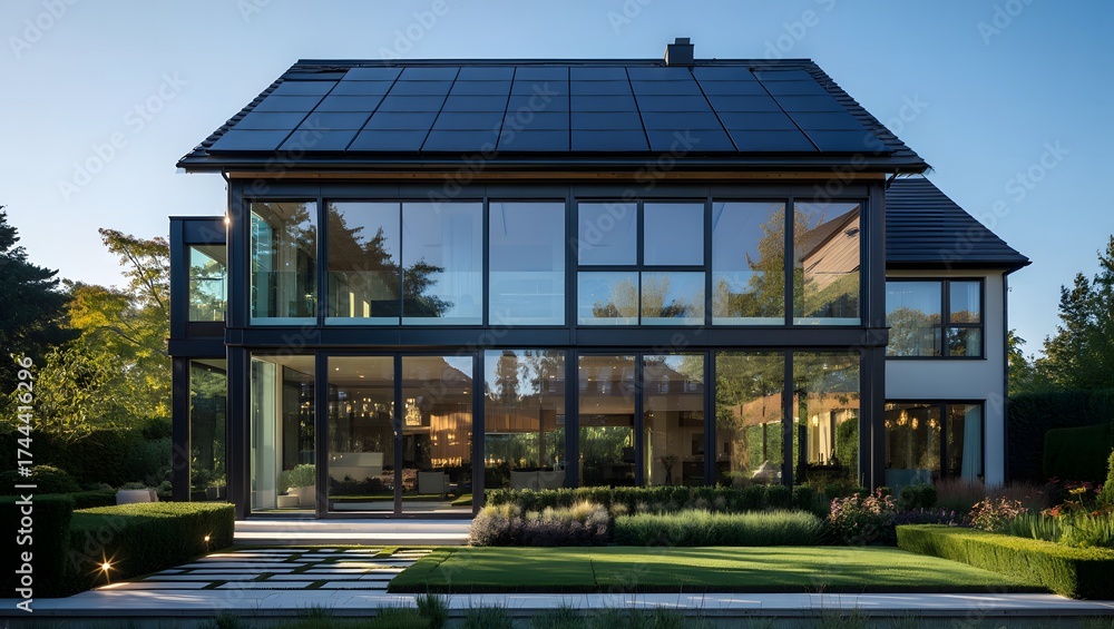 Fototapeta premium Modern luxury home with extensive glass facade and solar panels