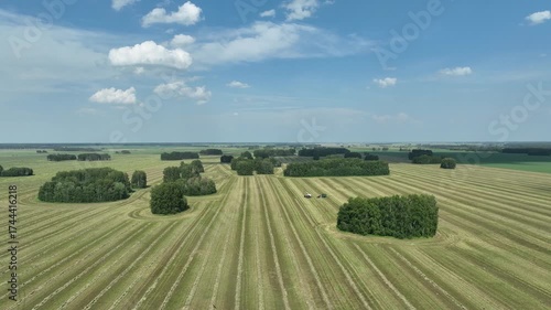 Drone view of fields during harvest. 