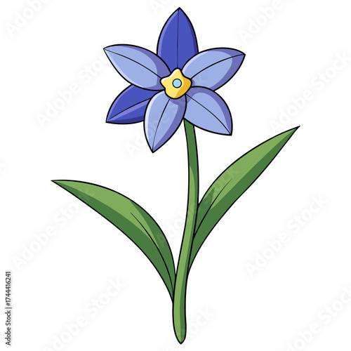 Illustration of a blue flower with yellow center and green stem flower drawing floral art