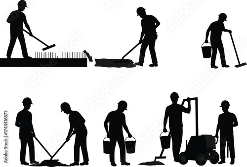 Construction workers silhouettes, manual labor, industrial tools, teamwork, bucket carrying, concrete spreading, rebar leveling, forklift operation, maintenance crew, black icons