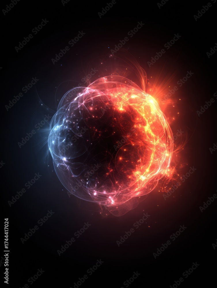 Obraz premium Dynamic Fusion of Light and Energy Creates a Captivating Cosmic Sphere in Vibrant Shades of Blue and Red