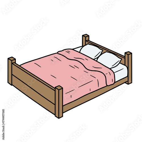 Cartoon bed with pink blanket and white pillows in simple design  