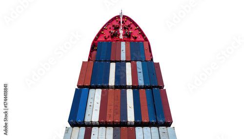 Overhead view of a cargo ship's bow loaded with stacks of colorful shipping containers