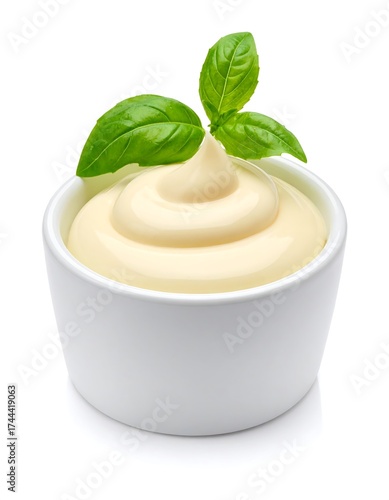 Creamy mayonnaise in a small white bowl, topped with fresh basil leaves