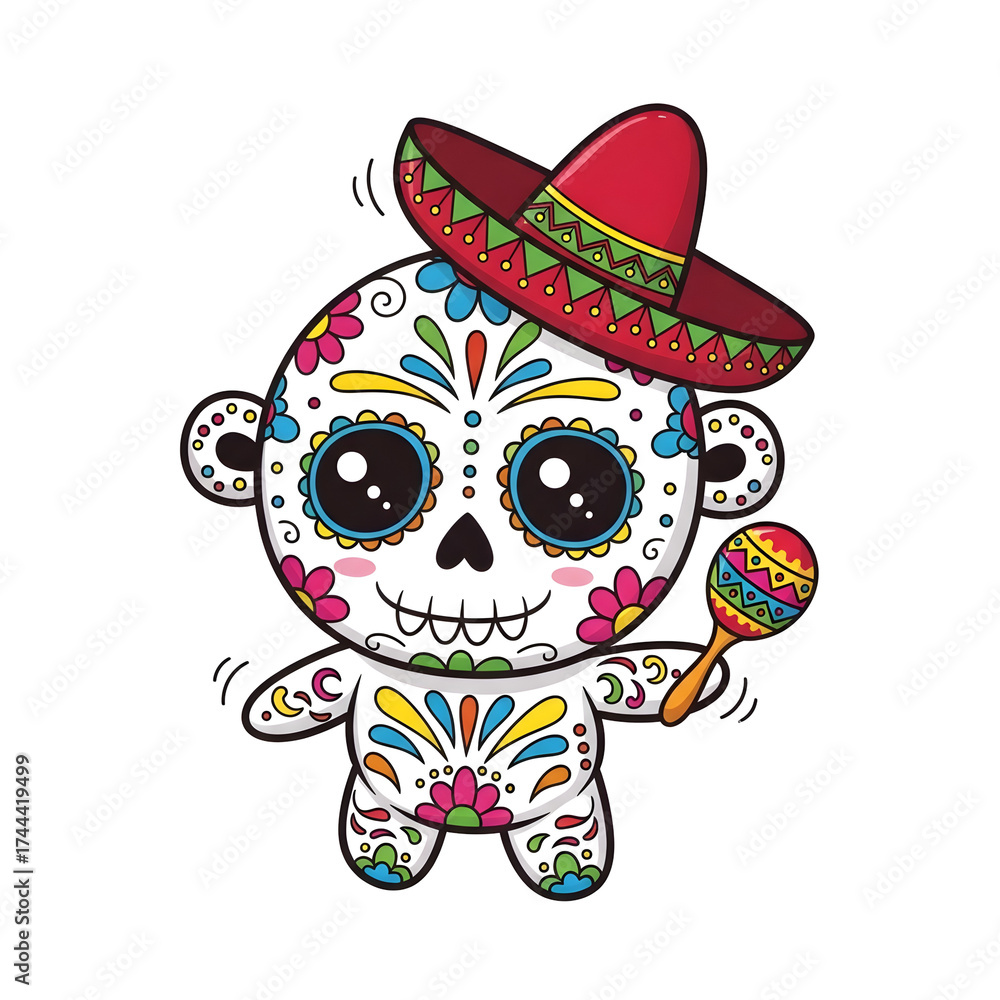 Fototapeta premium A cartoon sugar skull character wearing a sombrero and holding a maraca. The design is colorful and festive featuring floral patterns and traditional Day of the Dead elements on transparent background