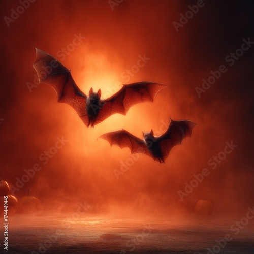 Captivating halloween scenes with playful decorations in orange. Cinematic poster. Festive halloween layout with decorations, bats, and ghosts on a bright canvas. Blockbuster art.