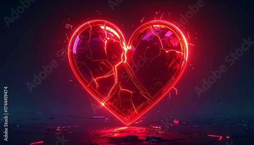 A fractured heart, glowing crimson red, set against a dark backdrop