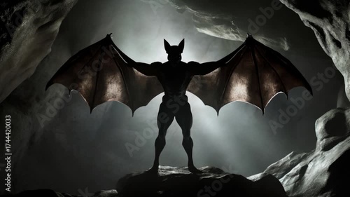 Humanoid bat creature. Half man half bat hybrid. Mothman. Human bat cryptid moving its wings in cave.  AI animation and 2d volumetric smoke effects composite.