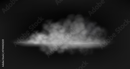 White smoke cloud with overlay effect on dark background. Realistic fog texture spreading along the floor. Atmospheric illustration of misty vapor or haze with dramatic light effect.