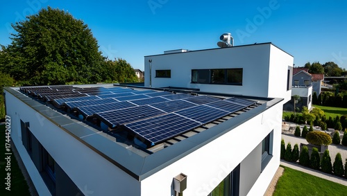 Modern house with flat roof covered in solar panels on a sunny day