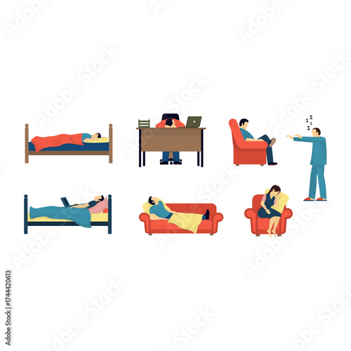 Illustration depicting human behavior in different situations like sleeping, working, relaxing, and feeling sad